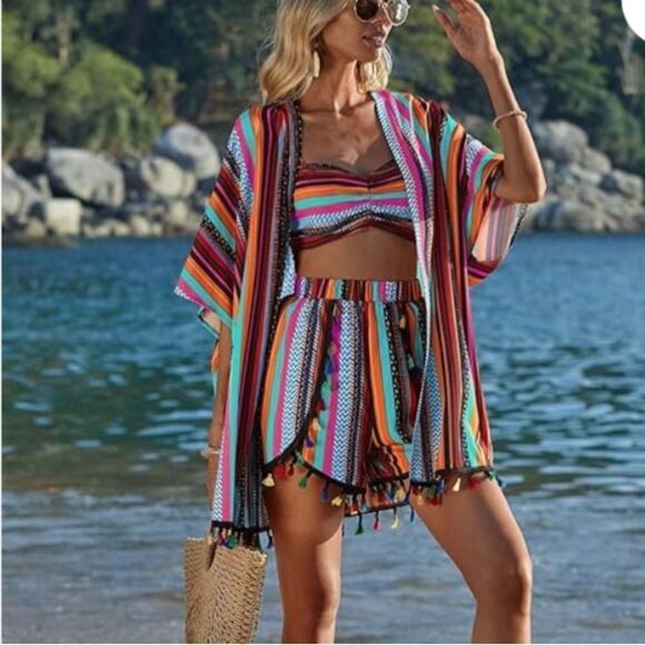 Verdusa Woman’s 3 pc Boho Shorts set with Kimono Sz Med - Picture 1 of 9